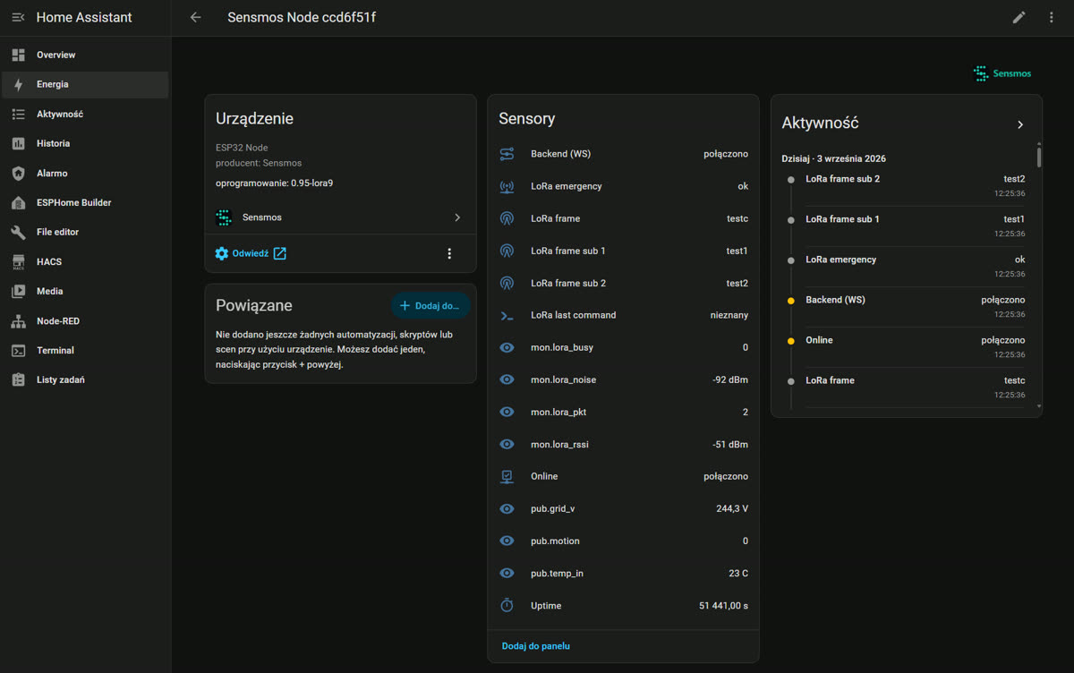 Sensmos node as a device in Home Assistant: entities including LoRa frames, and the activity log
